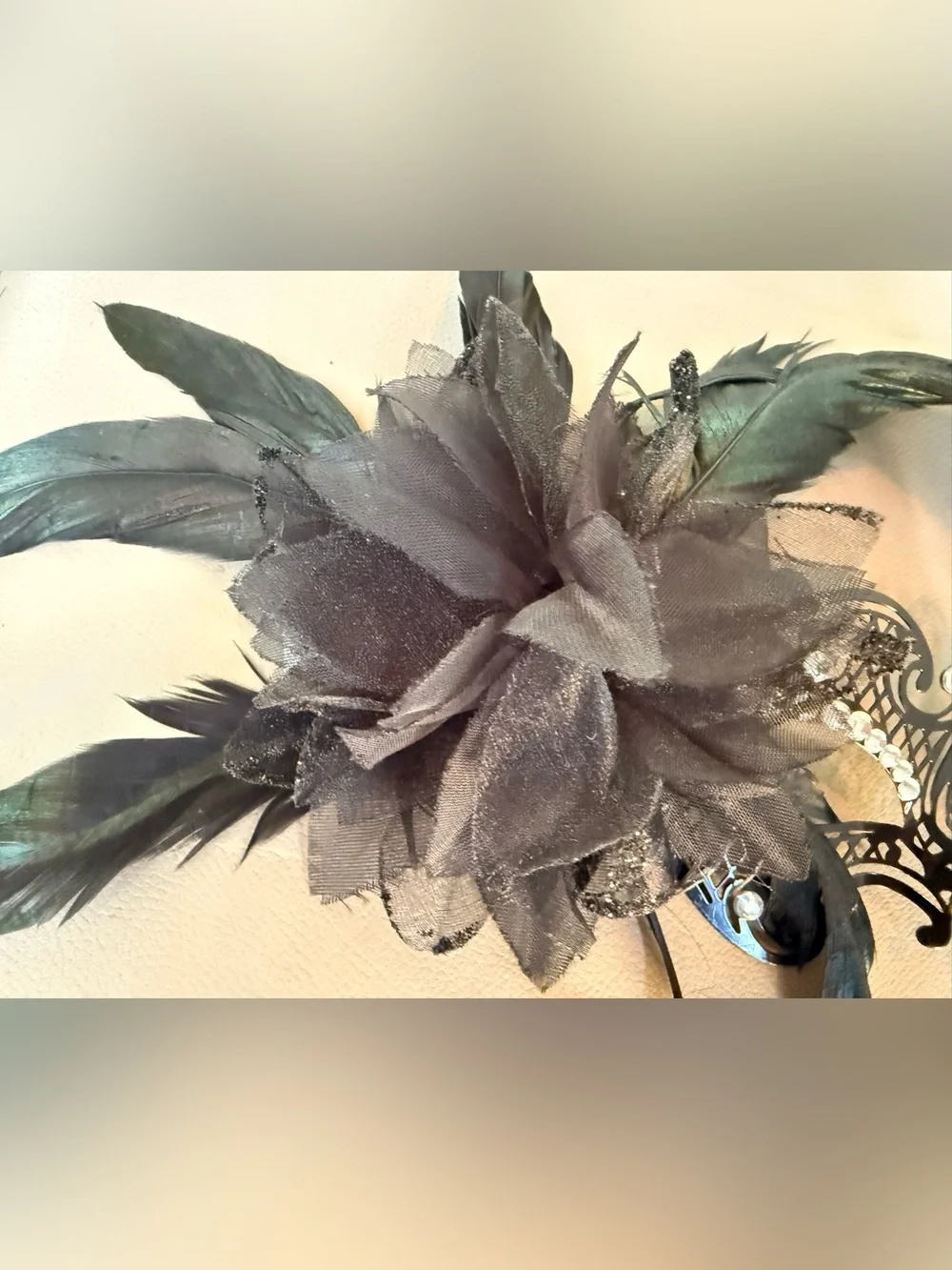 Black Feathered Masquerade Mask with Crystal Accents